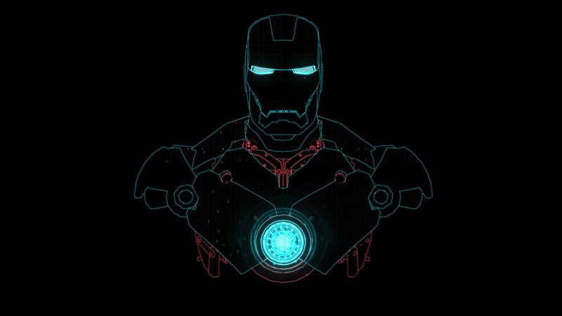 technology, science, blue, black color, mystery, black background, 1080P, glowing, front view, Iron Man, design, neon, one person, digital art, colorful
