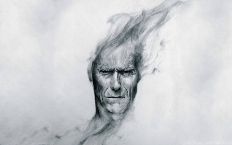 artwork, adult, actor, studio shot, emotion, contemplation, one person, body part, spooky, horror, Clint Eastwood, sketch, man, human body part, human face