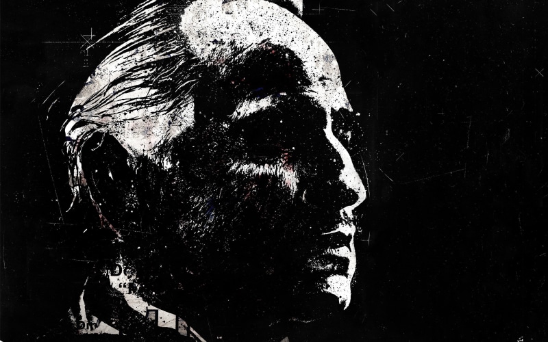 human face, creativity, 2K, close-up, spooky, the godfather alex cherry paint splatter artwork, indoors, representation, mammal, portrait, real people