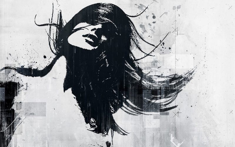 human hair, architecture, young women, paint splatter, real people, digital composite, monochrome, artwork, leisure activity, one person, portrait, casual clothing