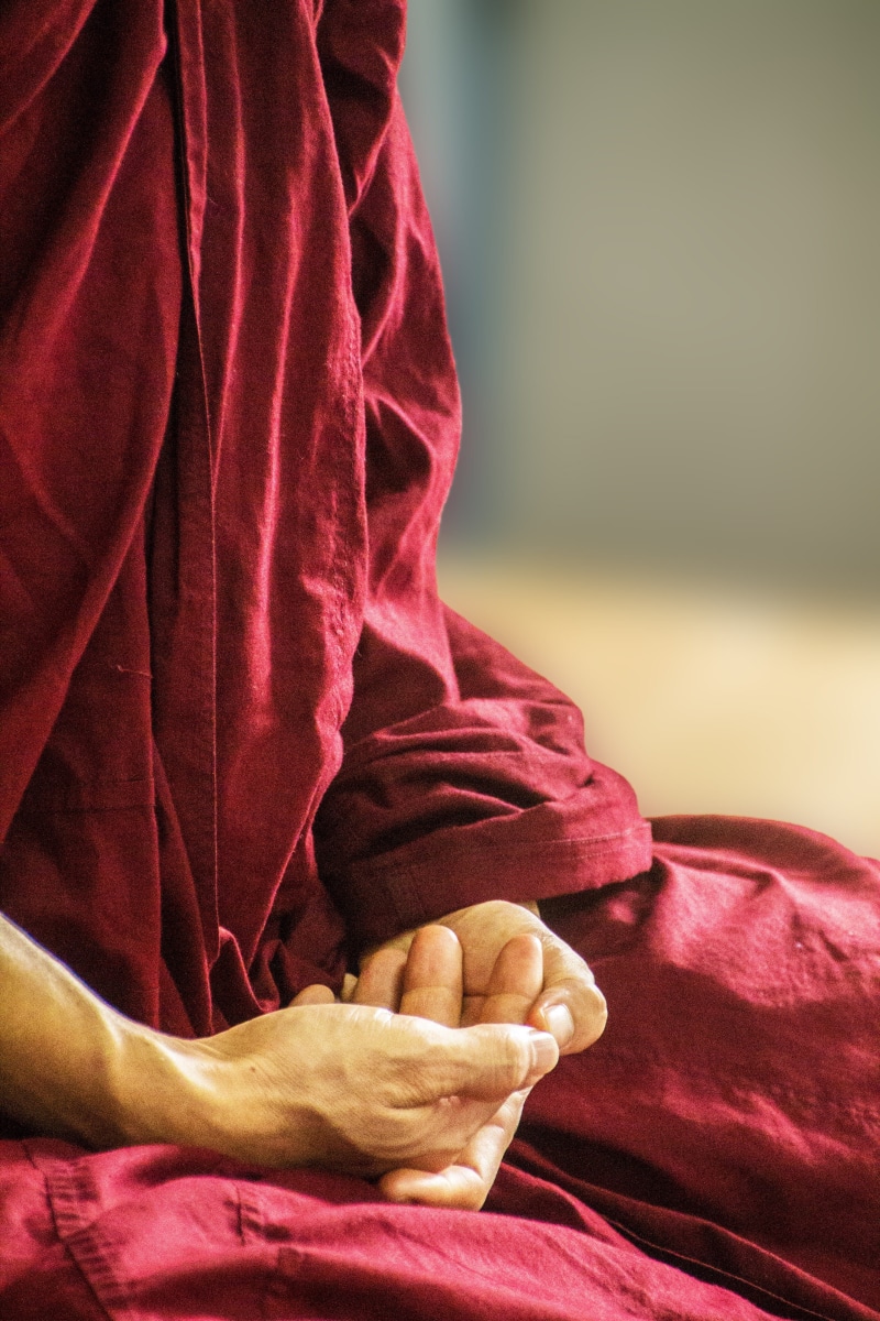 clothing, Buddhism, Theravada, meditate, red, real people, man, casual clothing, low section, human foot, sitting, day, Religious, focus on foreground