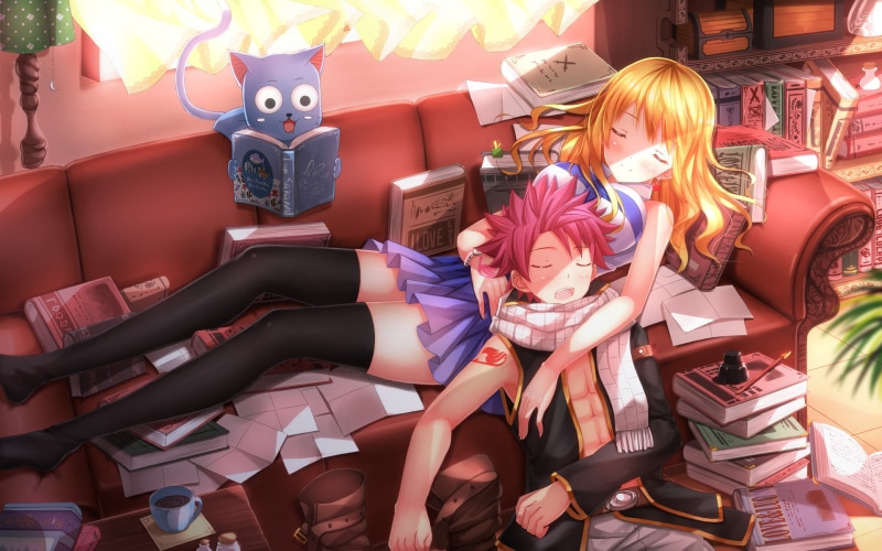  NaLu (Fairy Tail), Happy (Fairy Tail), 1080P, Book, Thigh Highs, Lying Down, Pink Hair, Skirt, Girl, Lucy Heartfilia, Boy, Anime, Blush, Couch