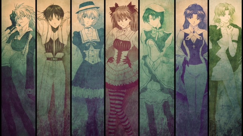 Asuka Langley Soryu, Ikari Shinji, in a row, no people, representation, backgrounds, 1080P, close-up, pattern, male likeness, Ayanami Rei, full frame