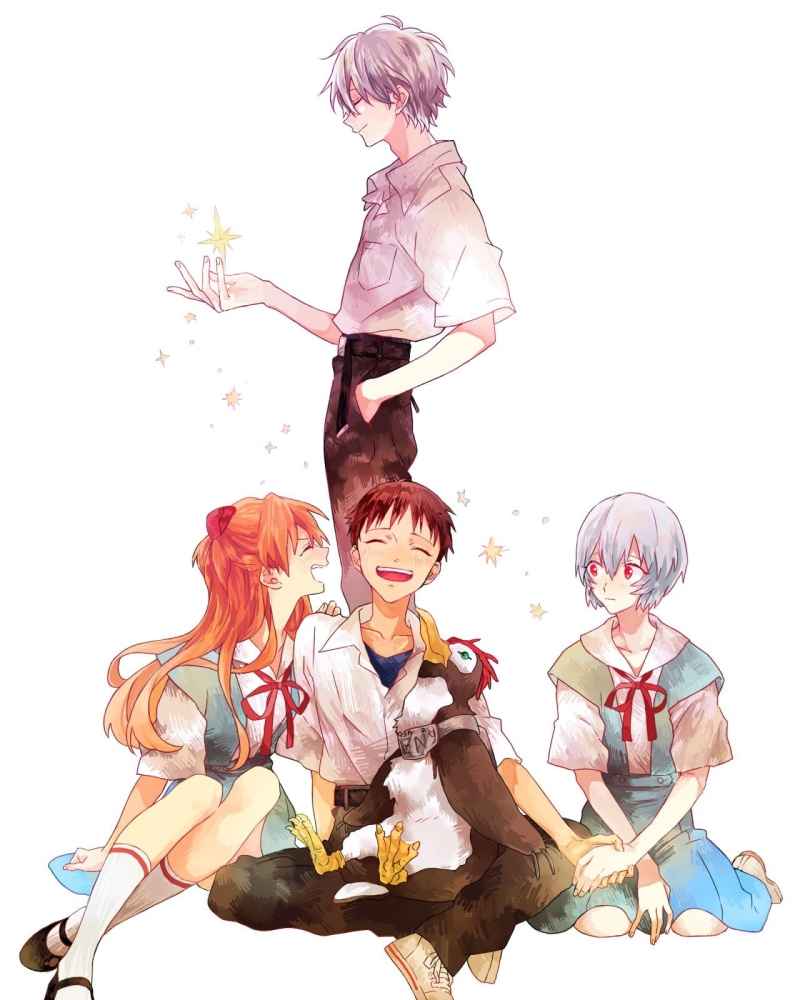 Asuka Langley Soryu, Neon Genesis Evangelion, women, childhood, music, studio shot, cut out, Ayanami Rei, males, white background, lifestyles, Ikari Shinji