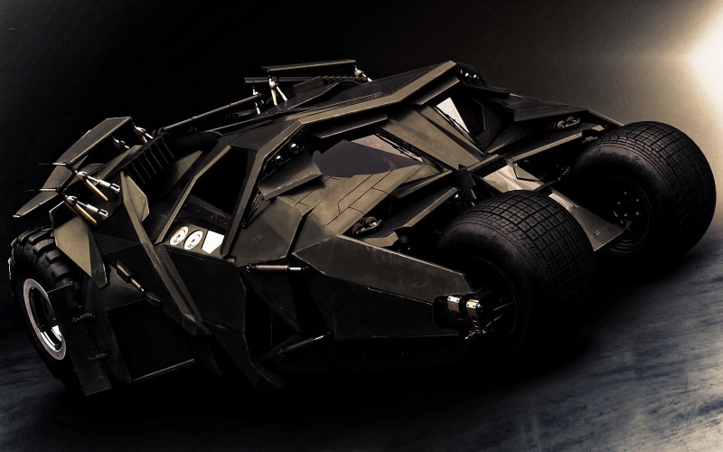 black color, Batman, vehicle, auto racing, retro styled, metal, close-up, garage, tire, mode of transportation, high angle view, land vehicle, no people