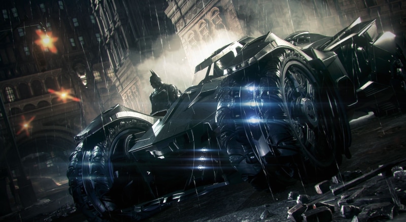 land vehicle, Games, architecture, Knight, robot, 1080P, Batmobile, Batman, Arkham, smoke - physical structure, transportation, city, beside, no people