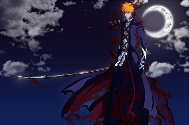 sword, ichigo, short-hair, 720P, bankai, anime, kurosaki, anime-boy, bleach, orange-hair, banaki, cool, moon, clouds