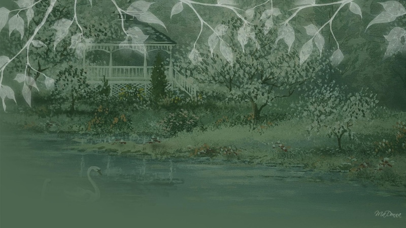 swan, trees, pond, painting, lawn, house, simplicity, 1080P, summer, grass, relax, gazebo, green, leaves, garden, 3d and abstract