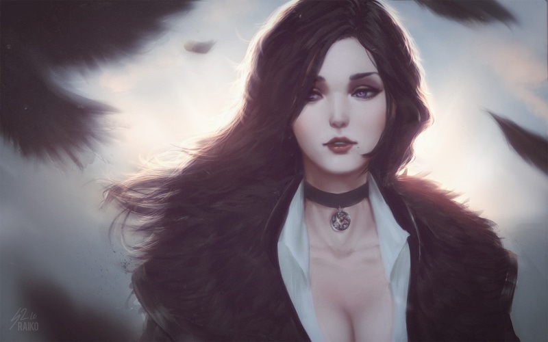 nature, adult, beauty, fan art, portrait, young women, beautiful woman, lifestyles, contemplation, long hair, woman, crow, looking at camera, 1080P, witch