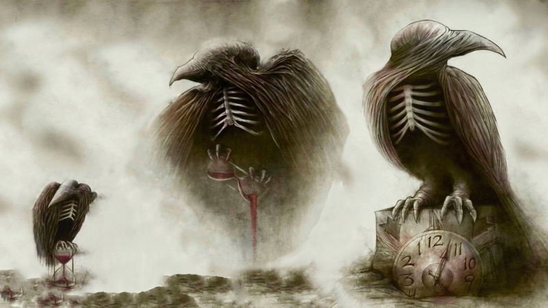 outdoors, tree, architecture, metal music, water, metal band, group of animals, skeleton, Jesterhead, motion, crow, built structure, anthropomorphism, rock music