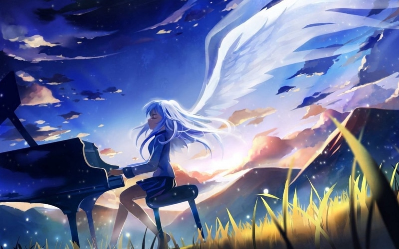 Tachibana Kanade, three quarter length, Angel Beats!, one person, real people, sky, piano, angel, women, music, young women, lifestyles, 720P, young adult