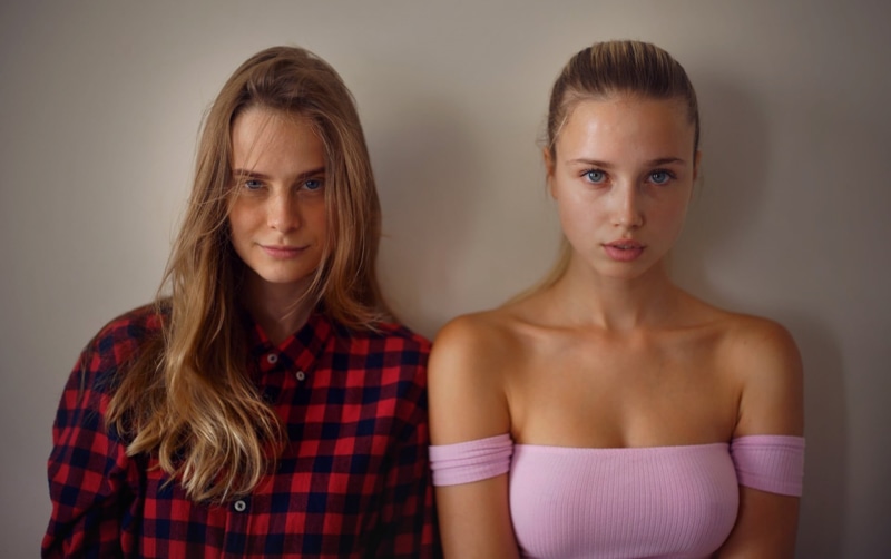women, red, young women, blonde, s, hair, two people, model, hairstyle, couple - relationship, togetherness, standing, checked pattern, adult, people, headshot