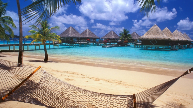 tranquil scene, thatched roof, woven, roof, turquoise colored, water, sky, vacation, plant, resort, no people, beach, tropical, land, 1080P, hammocks