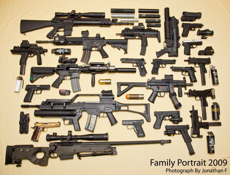 military, handgun, G36, collection, abundance, lot, close-up, no people, design, the gun, M-92, awp, 4K, indoors, army, table, stack, large group of objects
