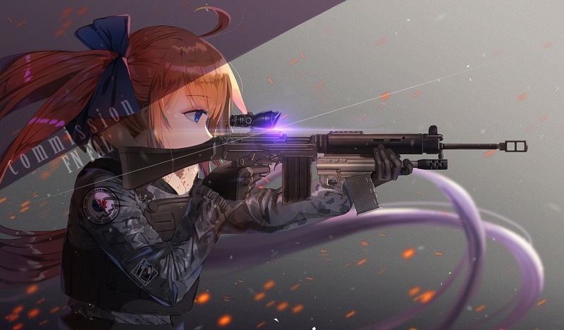 headwear, adult, FN FAL (Girls Frontline), rifle, holding, Girls Frontline, standing, aiming, target shooting, protection, 720P, clothing, helmet, Video Game