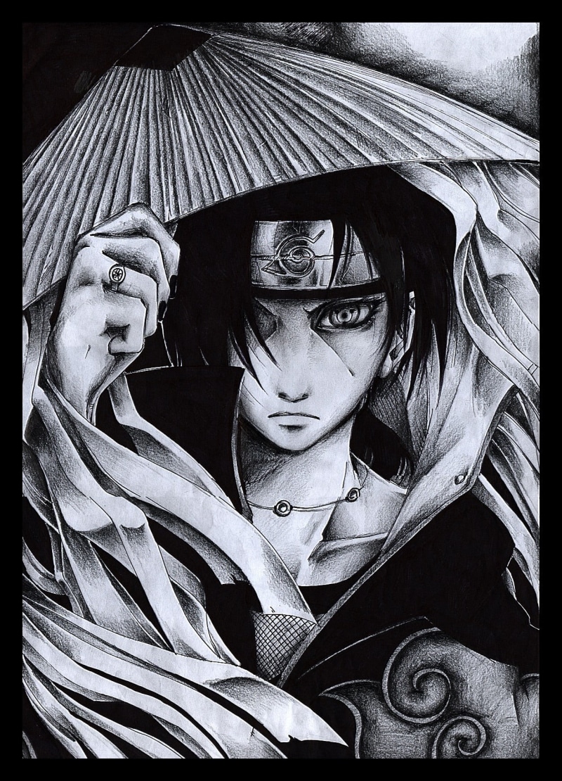 close-up, young adult, transfer print, drawing, women, looking at camera, young women, front view, headshot, indoors, Akatsuki, 720P, Uchiha Itachi, clothing