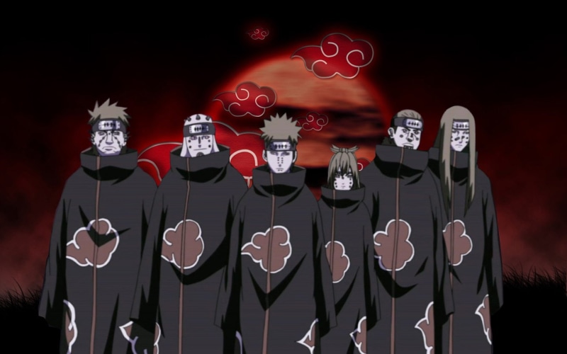 digital composite, choice, spooky, indoors, people, studio shot, night, 720P, celebration, large group of objects, red, illuminated, Naruto, Pain (Naruto)