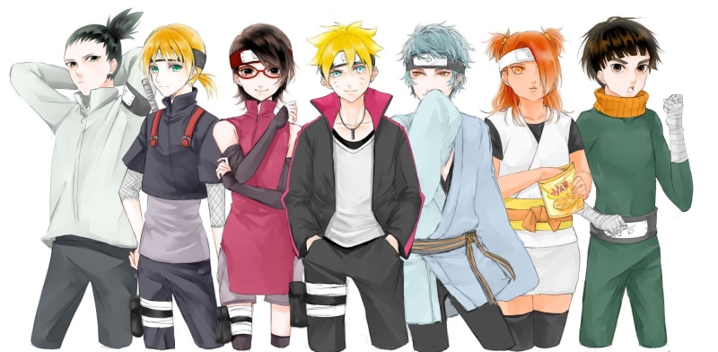 Boruto, male, Anime, people, Sarada Uchiha, Boruto Uzumaki, girls, characters, teenage boys, child, men, in a row, occupation, indoors, looking at camera