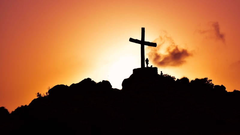 dusk, crucifixion, resurrection, dramatic, no people, religion, spirituality, evening, cemetery, orange color, architecture, prayer, sky, landscape, building