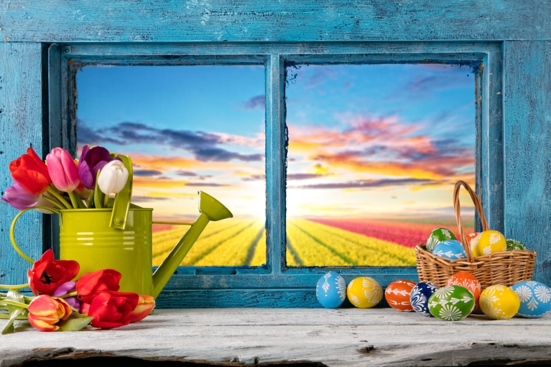 flowers, window, 5K, Happy, decoration, tulips, Easter, eggs, spring