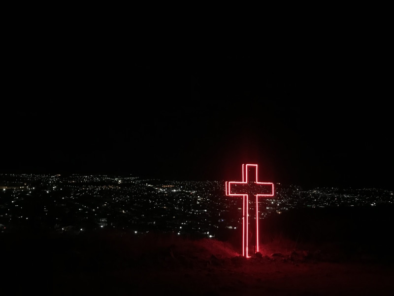 neon, red, dark, night, lighted, church, jesu, mountain, illuminated, copy space, religion, alive, city, sky, saviour, signage, led, communication, 4K