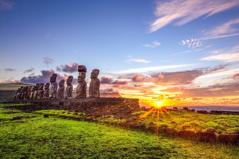 architecture, statue, archaeology, green, yellow, travel destinations, sunlight, built structure, Easter Island, land, sea, plant, field, old ruin, ruined