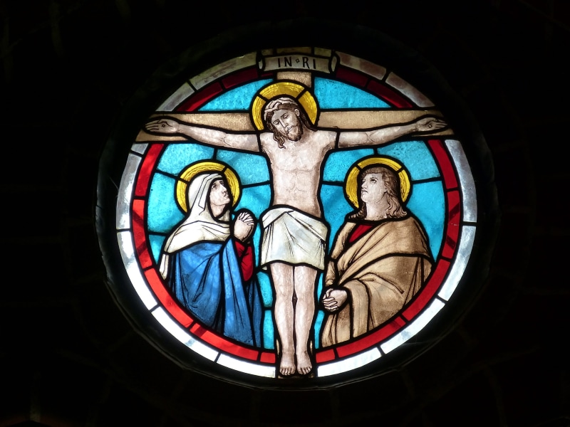 crucifix, no people, male likeness, inri, human representation, glass, angel, stained glass window, passion, suffering, belief, representation, stained glass