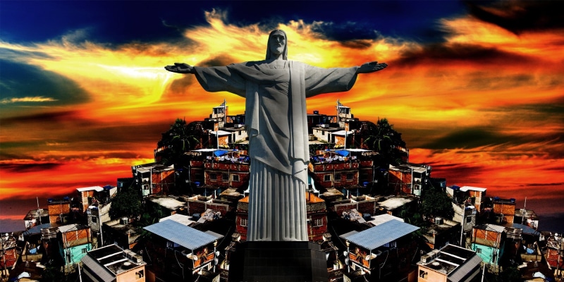 low angle view, travel destinations, city, creativity, male likeness, christ, statue, orange color, art and craft, dusk, representation, redeemer, 1080P