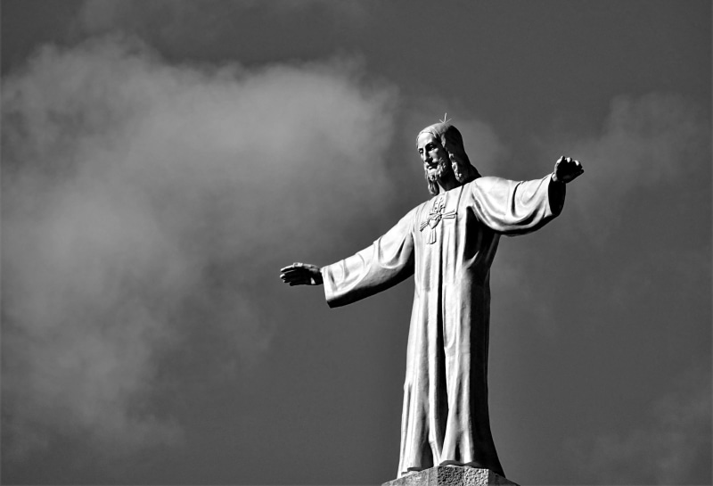 black and white, day, female likeness, statue, sky, place of worship, male likeness, sculpture, spirituality, art and craft, creativity, jesus, low angle view