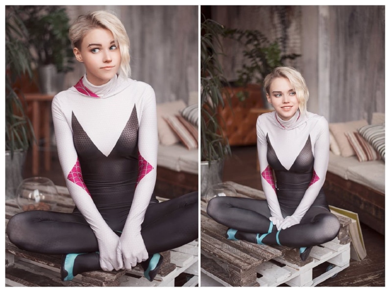 720P, Gwen Stacy, women, Gwen, Spider Gwen, legs crossed, Shirogane Sama, cosplay, smiling, blonde, Spider-Man, sitting