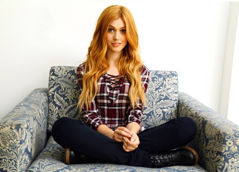 boots, redhead, shirt, long hair, legs crossed, actress, smiling, looking at viewer, model, Katherine Mcnamara, sitting, 2K, women