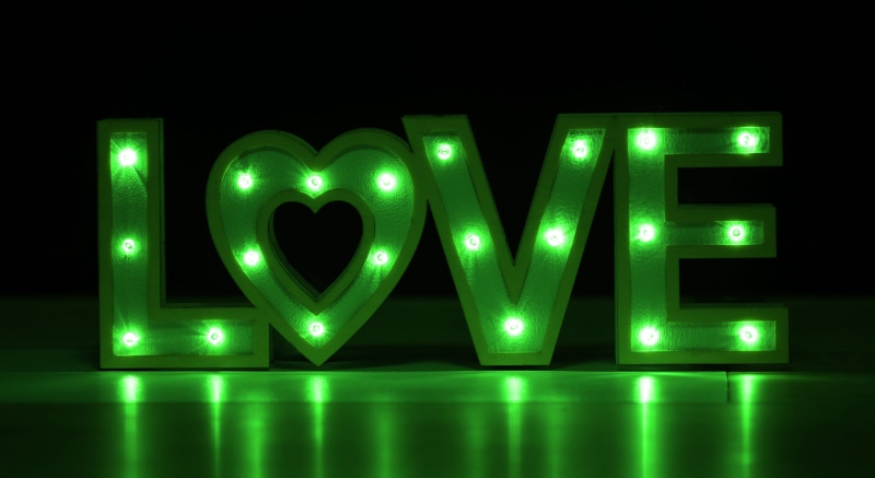 capital letter, black background, pair, shining, valentines day, romantic, luck, valentine, indoors, lighting equipment, glowing, led, green color, loyalty