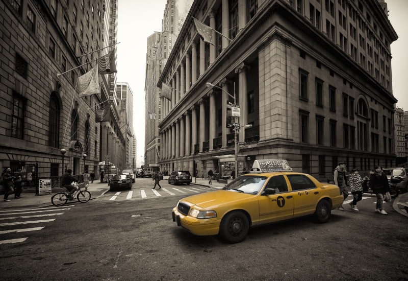 built structure, car, architecture, taxi, sedan, day, group of people, traffic, New York City, city life, vehicle, ford, building, selective coloring, motor vehicle