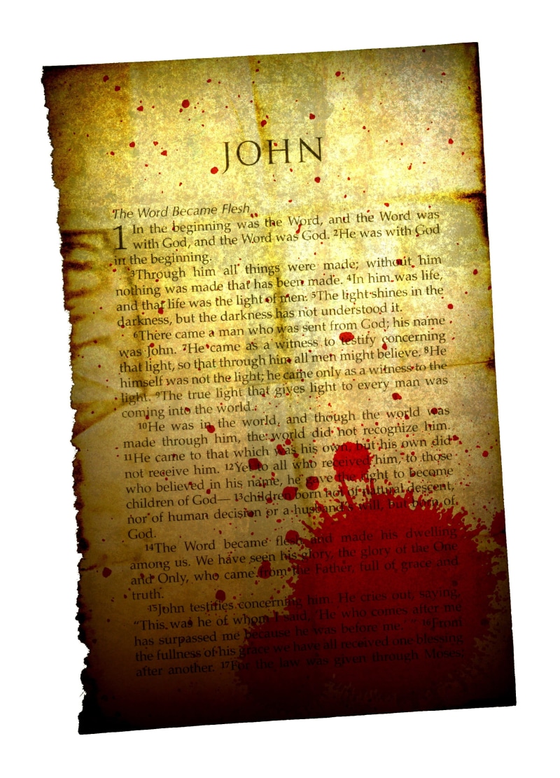 no people, dirty, message, publication, torn, document, text, white background, western script, cut out, gospel, religion, 2K, communication, book, the past