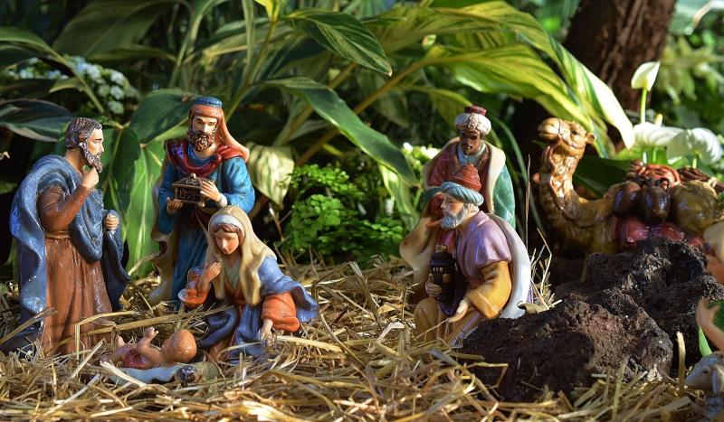 figurine, celebration, christmas, leaf, holiday, plant part, bethlehem, human representation, day, creativity, statue, joseph, outdoors, stable, male likeness