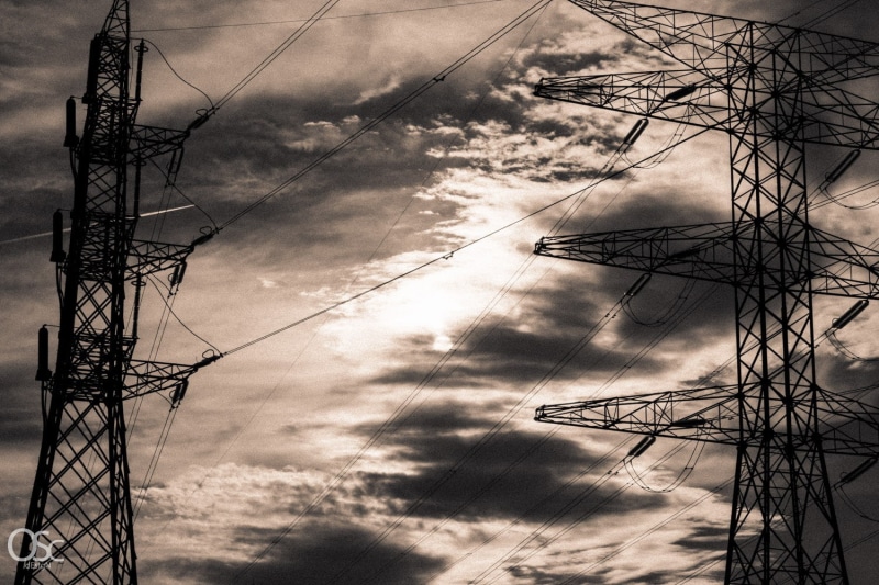 720P, monochrome, utility pole, power lines, clouds