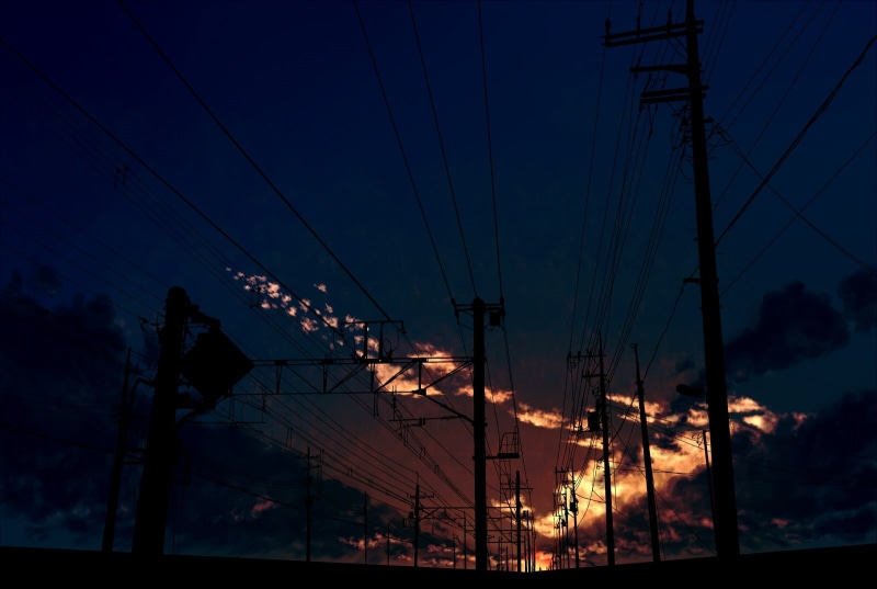 focus, complexity, connection, selective, landscape, no people, sunset, clouds, power line, sky, 720P, night, anime, illuminated, low angle view, fuel and power generation