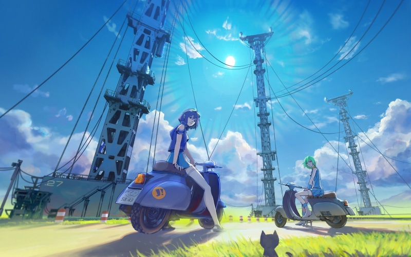 power line, sun rays, day, blue, mode of transportation, land vehicle, cable, fuel and power generation, technology, FLCL, electricity pylon, real people