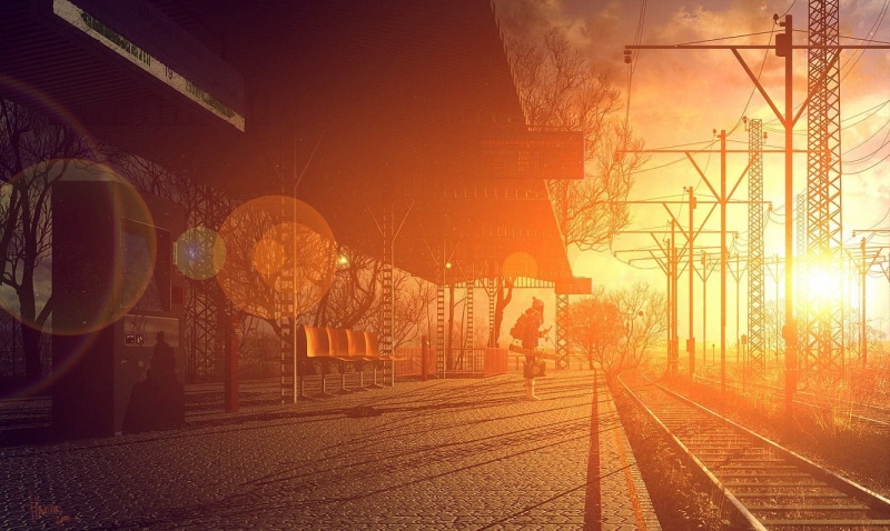 lens flare, sunset, bokeh, utility pole, sunlight, railway, power lines, fall, 720P, women, train station, cobblestone