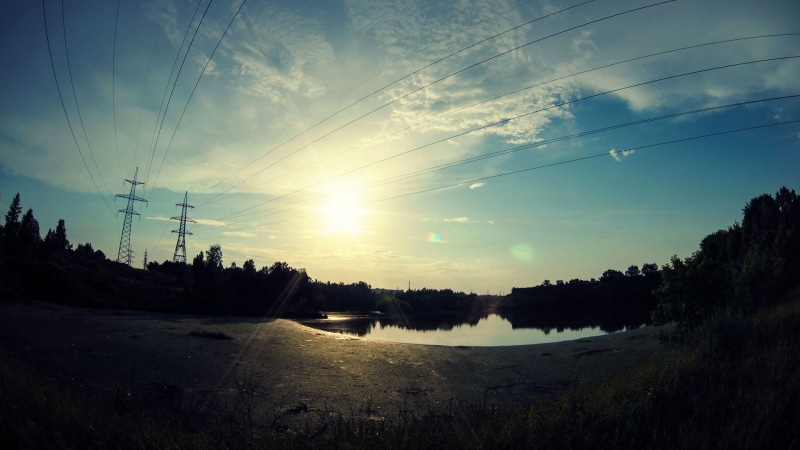 wire, utility pole, lake, 1080P, utility, sunlight, sky, lens, landscape, nature, flare, lens flare, power, pole, power lines, lines