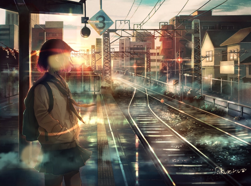 anime girls, building, nostalgia, 2D, railway, digital art, train station, artwork, Sakurainu, schoolgirl, anime, sunset, 2K, school uniform, drawing