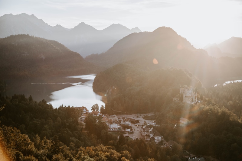 architecture, building exterior, trees, forest, fall, sky, built structure, plant, scenics - nature, lens flare, s, mountain range, 5K, day, green, summer
