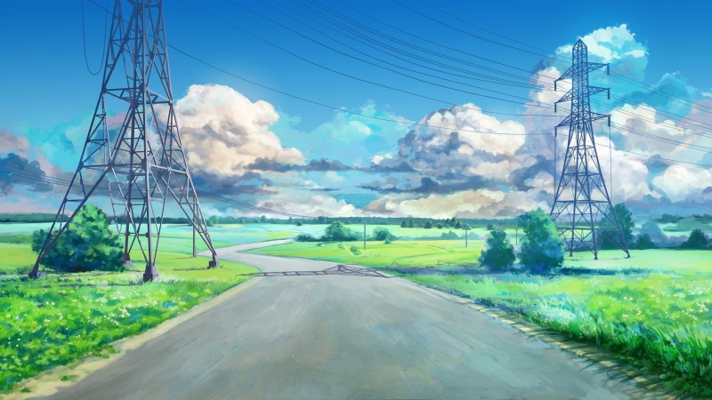 clouds blue green arsenixc anime landscape road power lines everlasting summer utility pole visual novel, 1080P