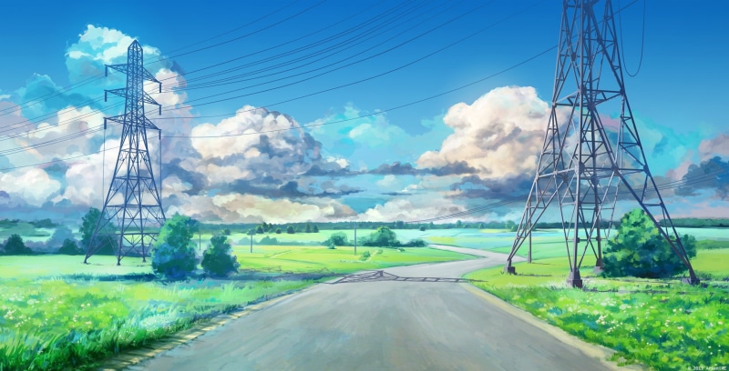 clouds, artwork, power lines, road, Everlasting Summer, anime, visual novel, green, blue, landscape, utility pole, 1080P, ArseniXC