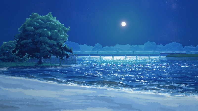 beach, sea, ArseniXC, trees, 1080P, visual novel, clouds, Moon, Everlasting Summer