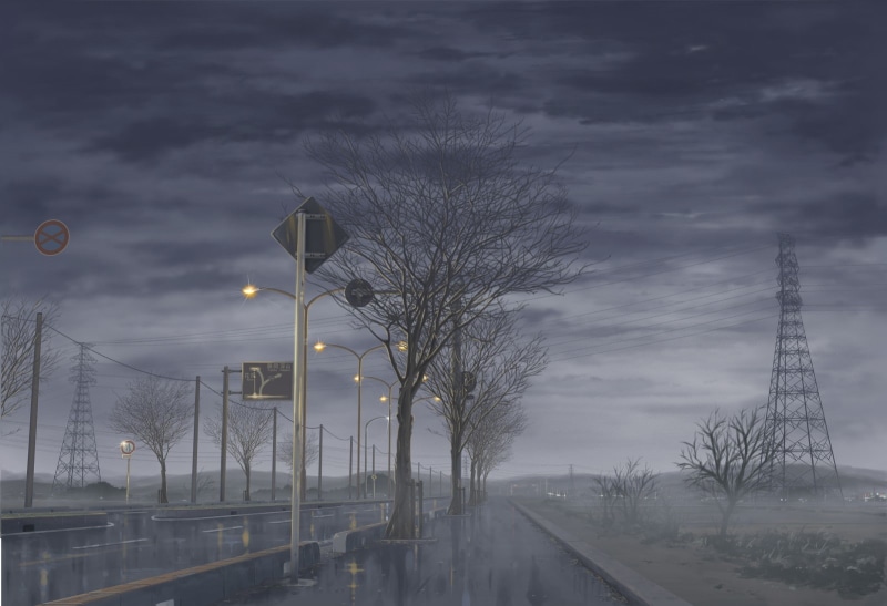 power lines, utility pole, trees, street light, signs, anime, 720P, road