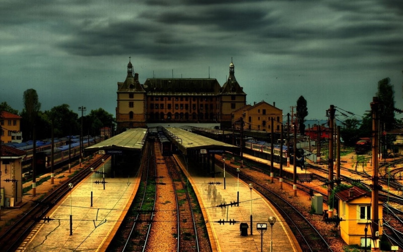 sky, rail transportation, Turkey, railroad track, public transportation, transportation, city, dusk, Istanbul, cloud - sky, track, high angle view, the past