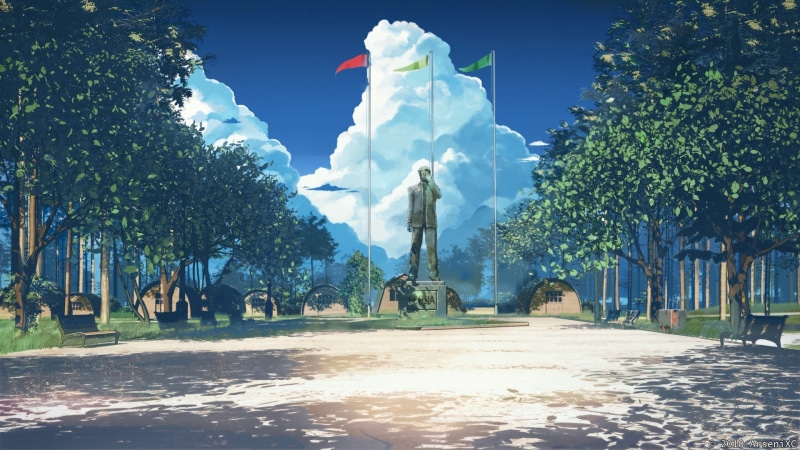 architecture, anime, built structure, human representation, flag, sky, Soviet Games (everlasting Summer), representation, creativity, bench, sculpture