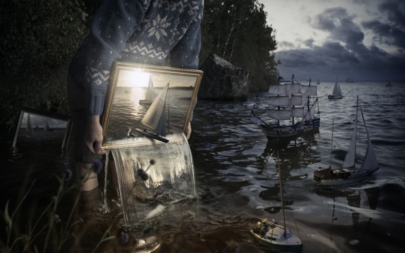 sailing ship, men, real people, clouds, adult, sky, illuminated, outdoors, Erik Johansson, rock, standing, tree, Photoshop, nature, day, 2K, picture frames