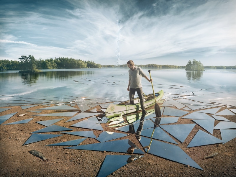 neck, men, beauty in nature, sky, lake, reflection, water, glass, trees, outdoors, crew, day, artwork, oar, forest, s, child, nature, real people, landscape
